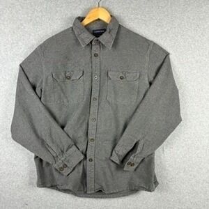 Lands End Mens Gray Chamois Flannel Button Up Shirt Long Sleeve Size M